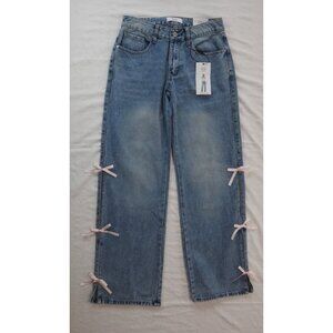 New Rise Women's Wide Leg Pink Bow Open Leg Jeans Sz 5 Mid Rise Med Acid Wash